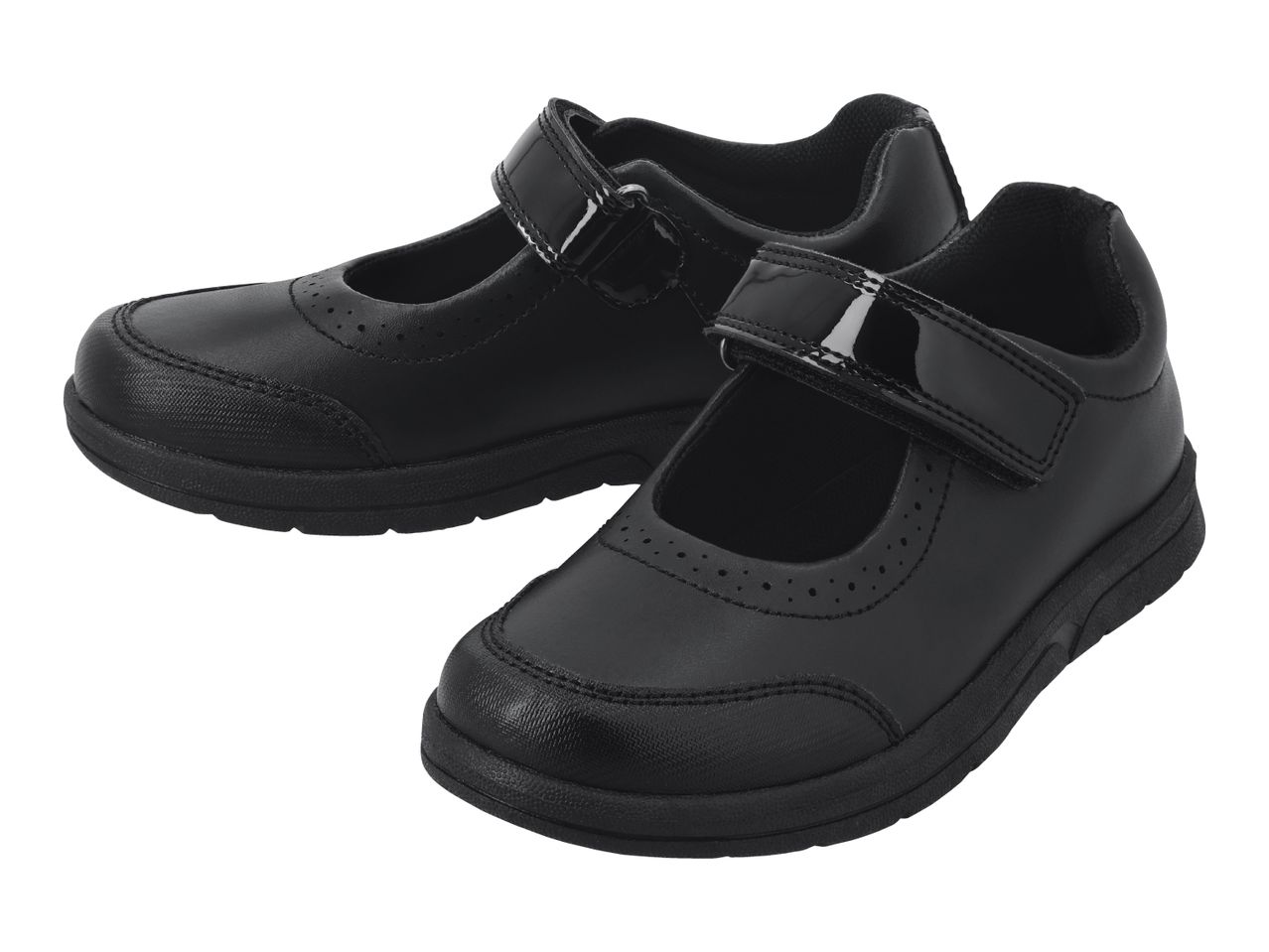 Pair of black children's school shoes with a single patent strap and brogue detailing.