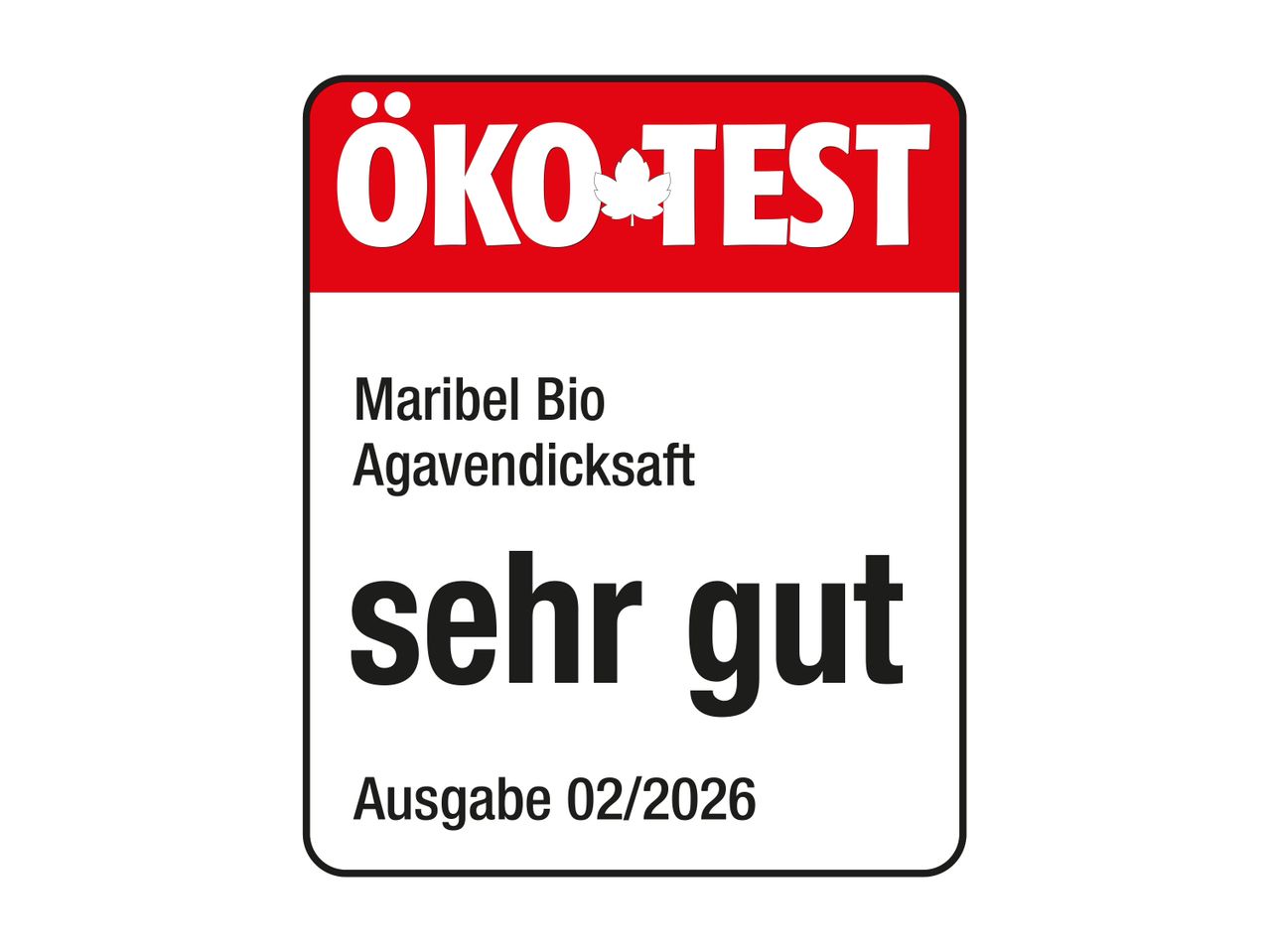 ÖKO-TEST Siegel für Agavendicksaft mit der Bewertung „sehr gut“, Ausgabe 02/2026.