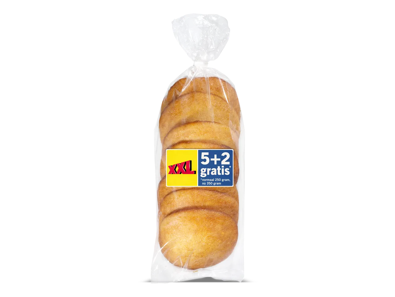 Verpakking met zeven ronde broodjes, met een label '5+2 gratis' en 'XXL'.