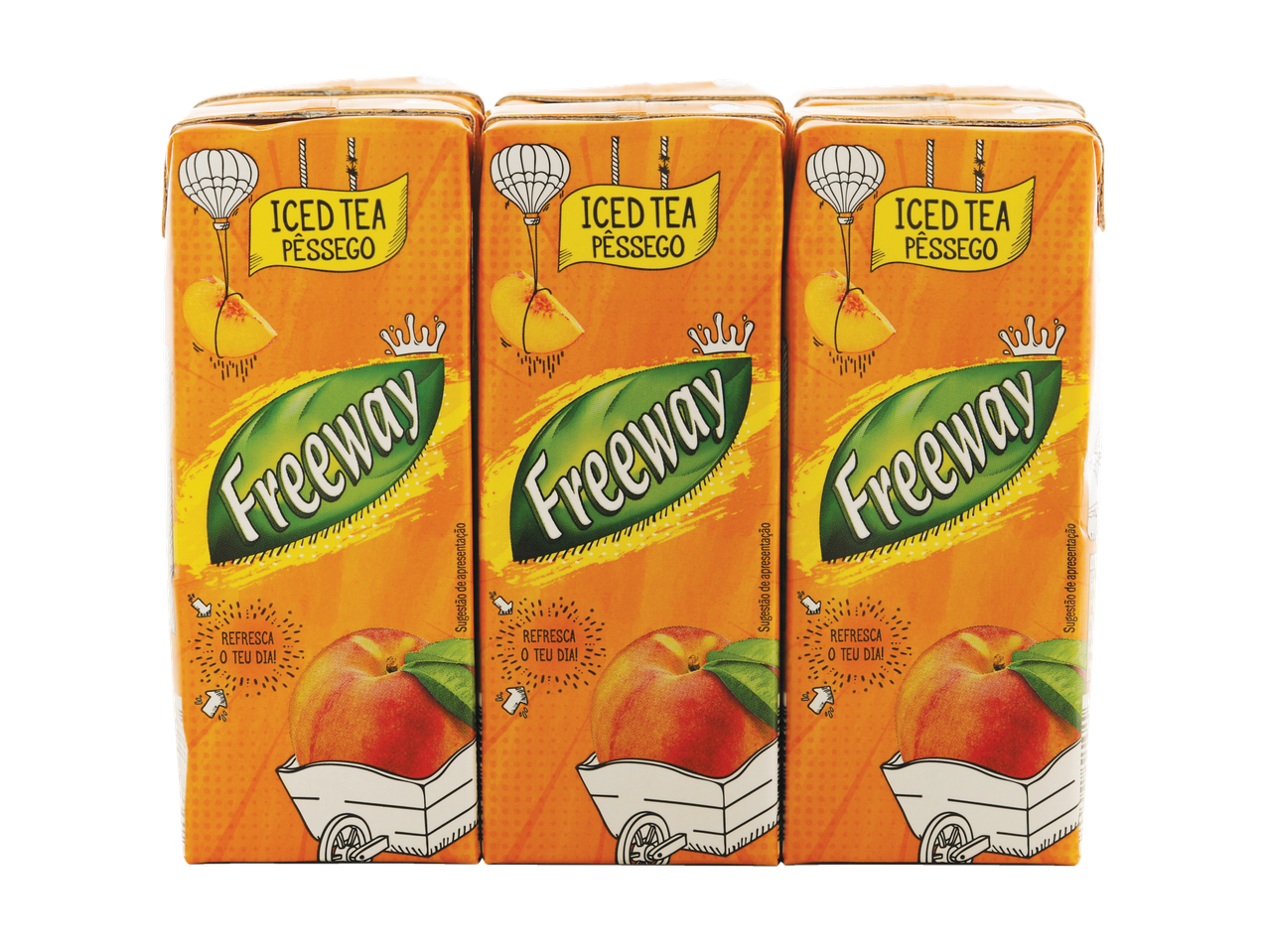 Três caixas de Chá Gelado Freeway Pêssego juntas.