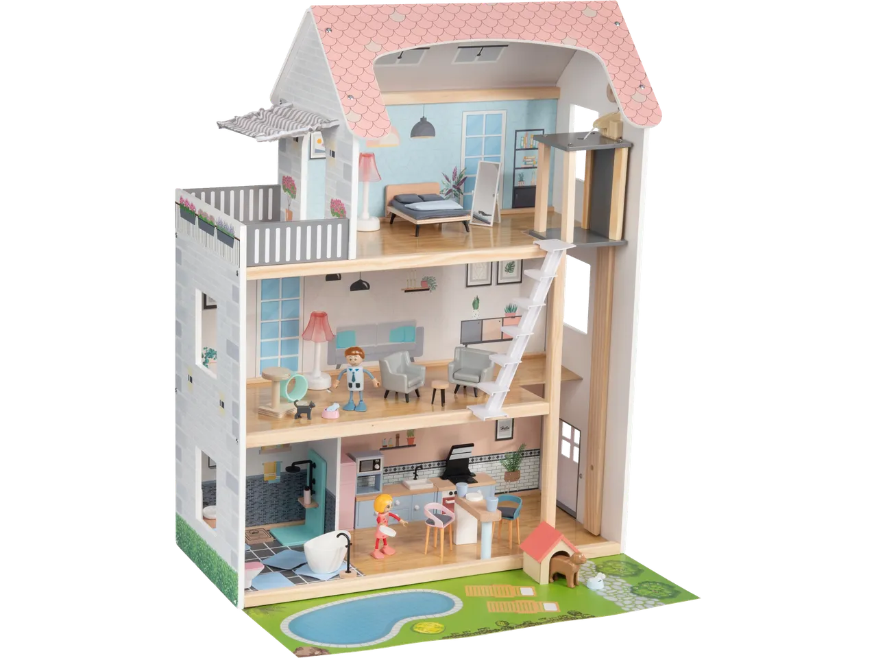 Playtive Lėlių namelis XXL: Didelis lėlių namelis su keliais kambariais, baldais, figūrėlėmis ir baseinu.
