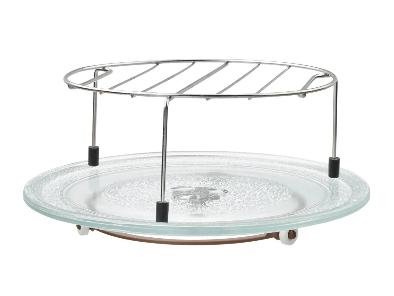 Microwave oven glass turntable with a metal grill rack on top.