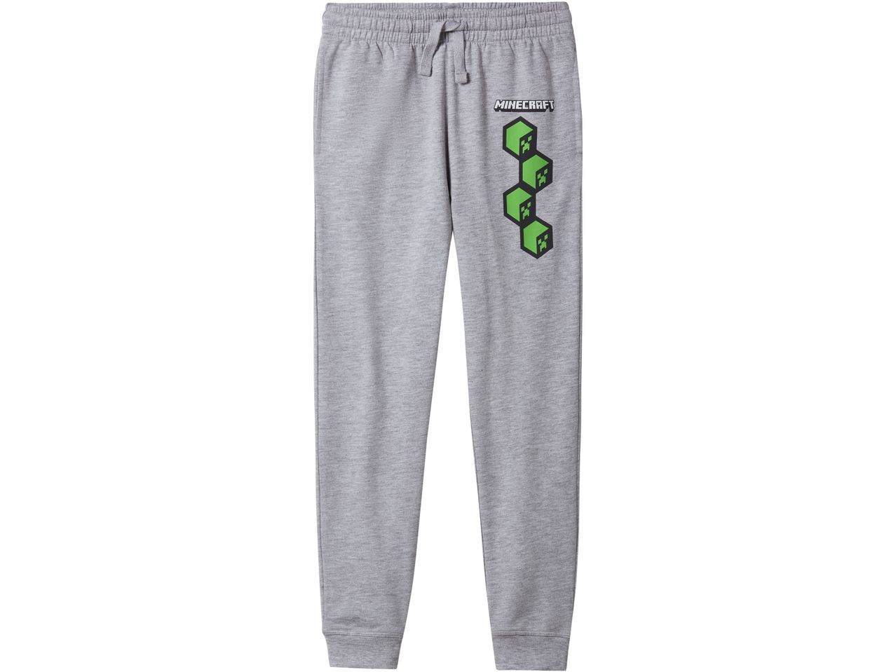 Gray Minecraft sweatpants with a logo and green creeper blocks on the left leg.