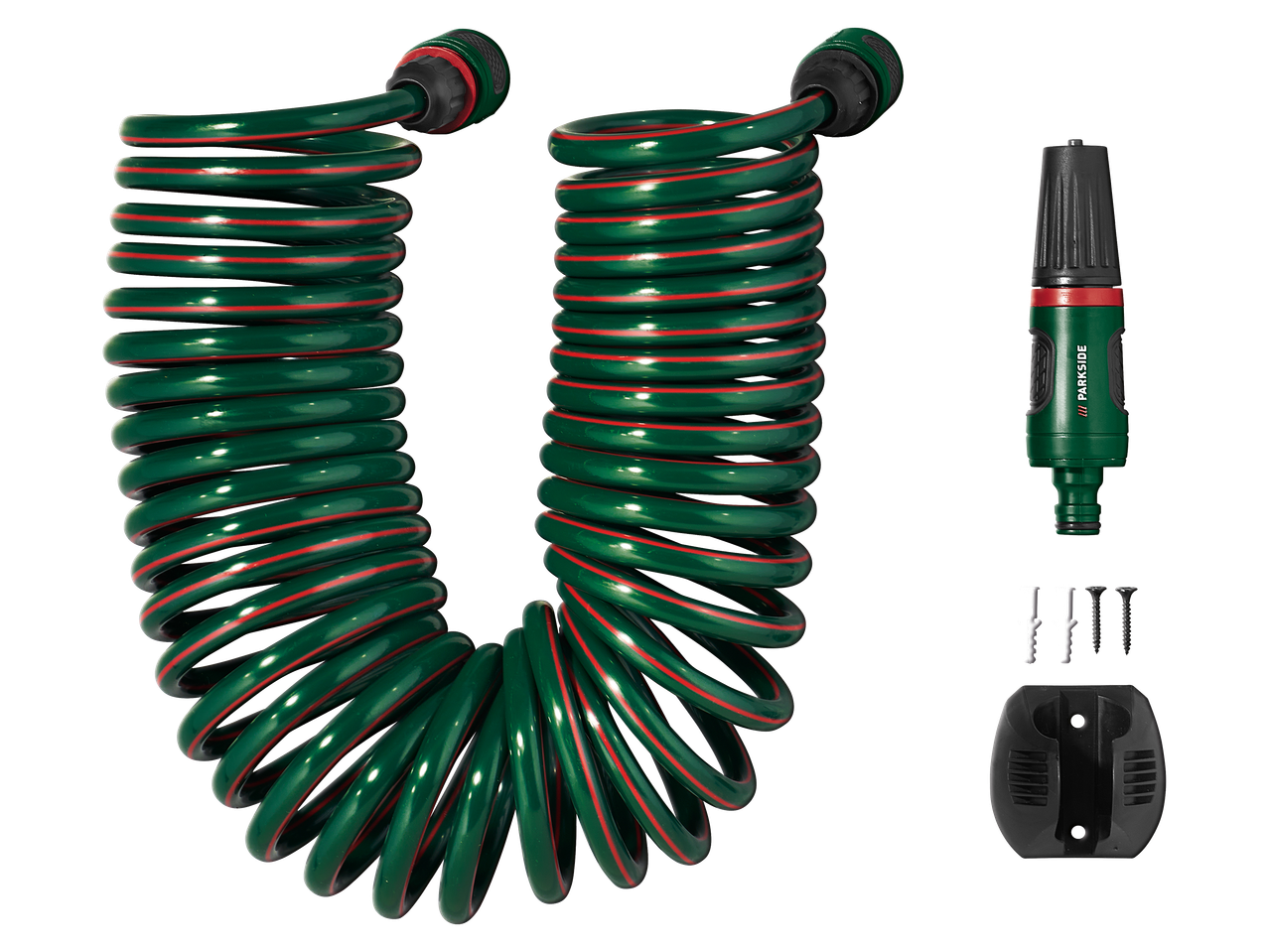 Tuyau d'arrosage en spirale vert avec bandes rouges, pistolet d'arrosage, vis et support mural.