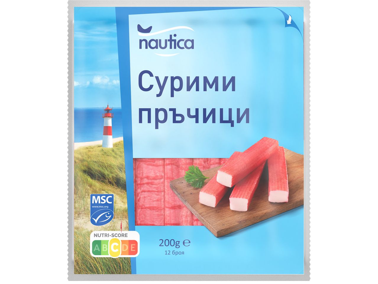 Опаковка Nautica сурими пръчици с Nutri-Score C и MSC сертификат, 200g