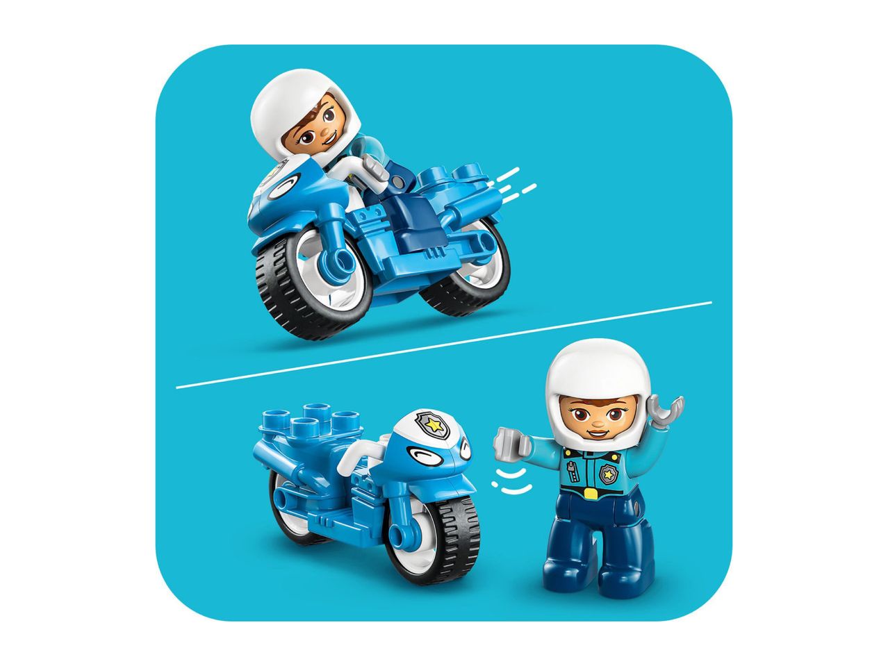 Blue toy police motorcycle with a police officer figure, shown riding and standing.