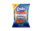 Zak geribbelde paprika chips met de tekst 'Explosions Paprika Flavour' en 'New'.