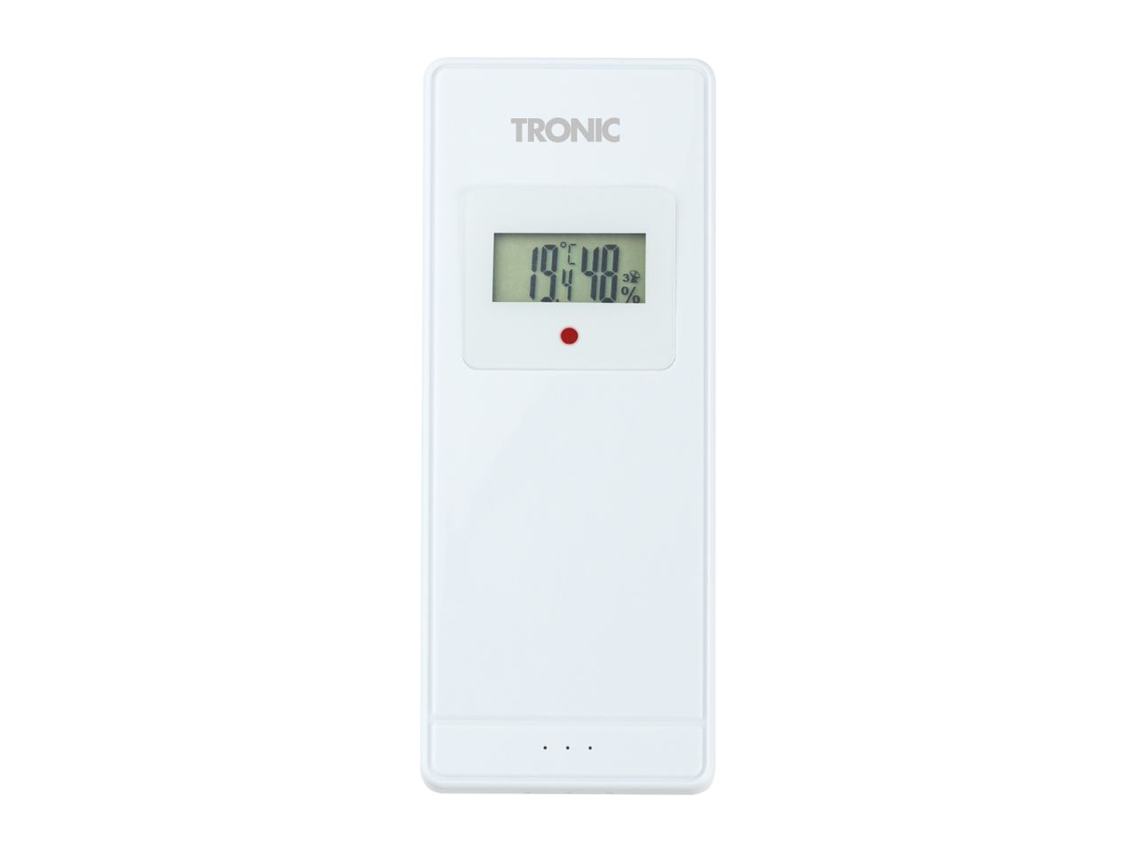 White digital thermometer and hygrometer displaying 19.4°C and 48% humidity.