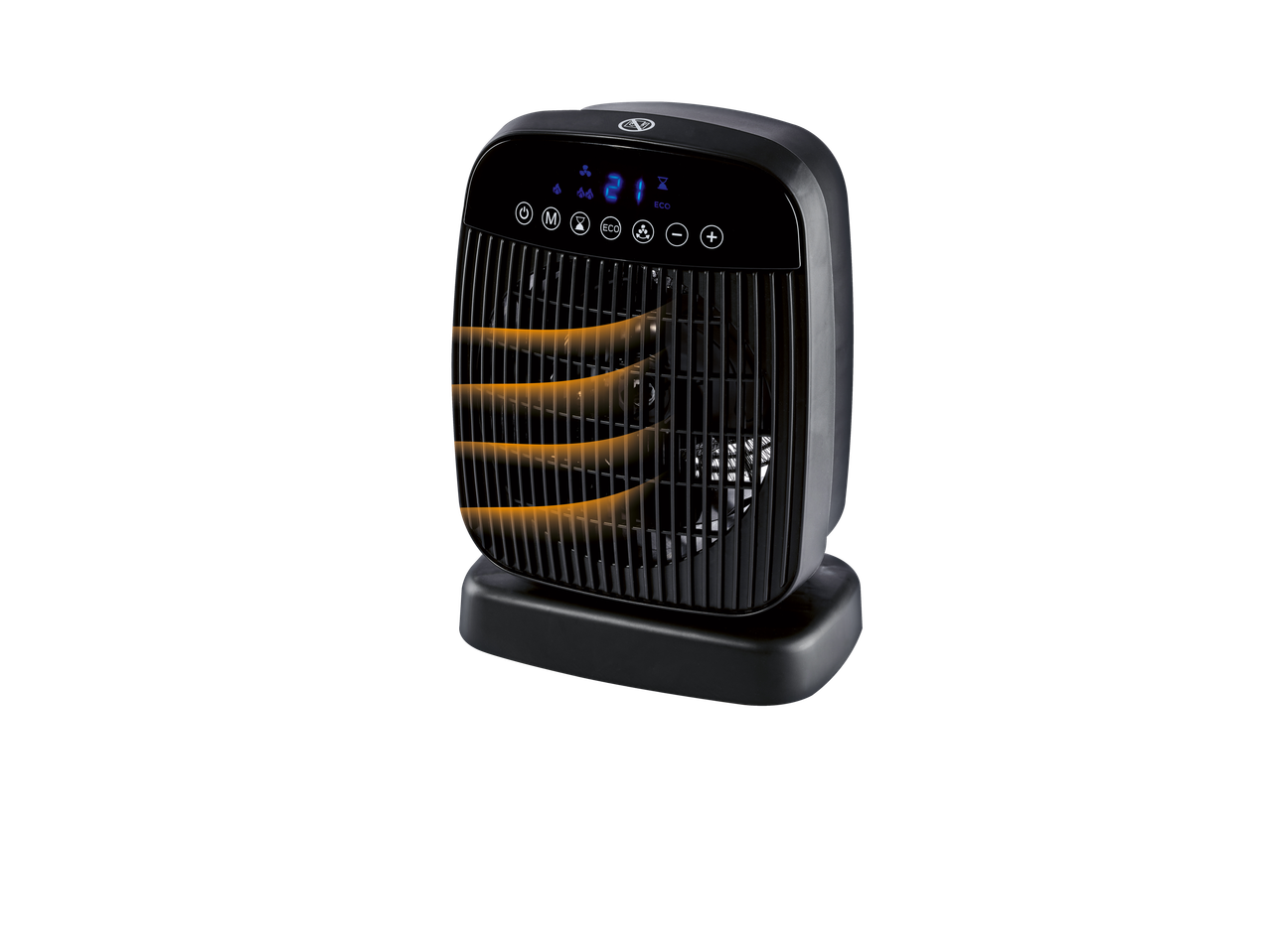 TRONIC® Fan Heater with digital display showing 21 degrees and heat emanating from the grille.