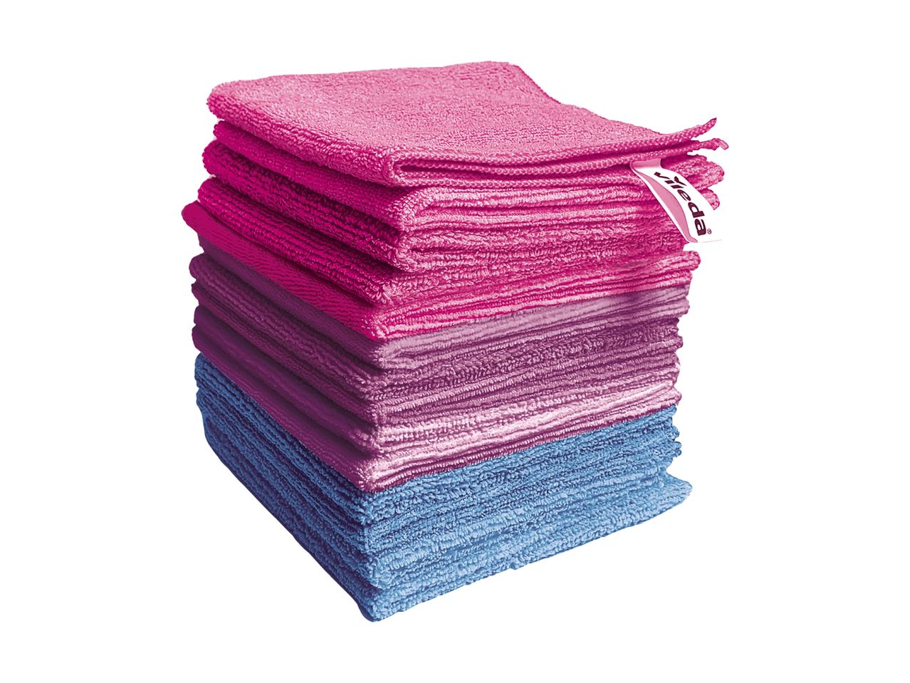 Stapel Vileda Mikrofasertücher in Rosa, Lila und Blau.