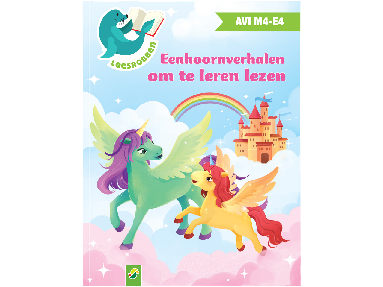 Eenhoornverhalen om te leren lezen, met twee gevleugelde eenhoorns, een kasteel en een regenboog.