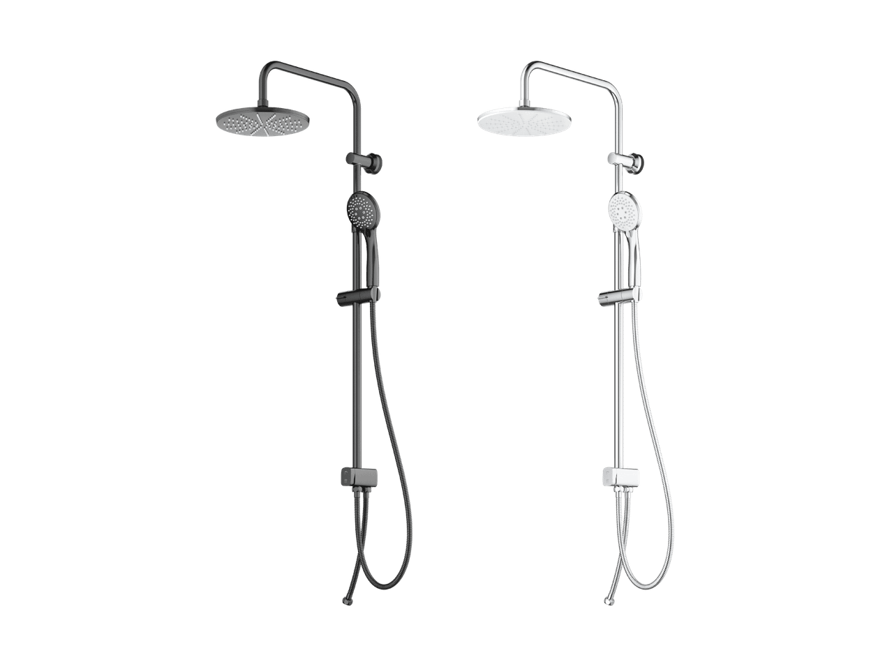 Deux ensembles de douche, un foncé et un chromé, avec pommeau de douche et douchette.