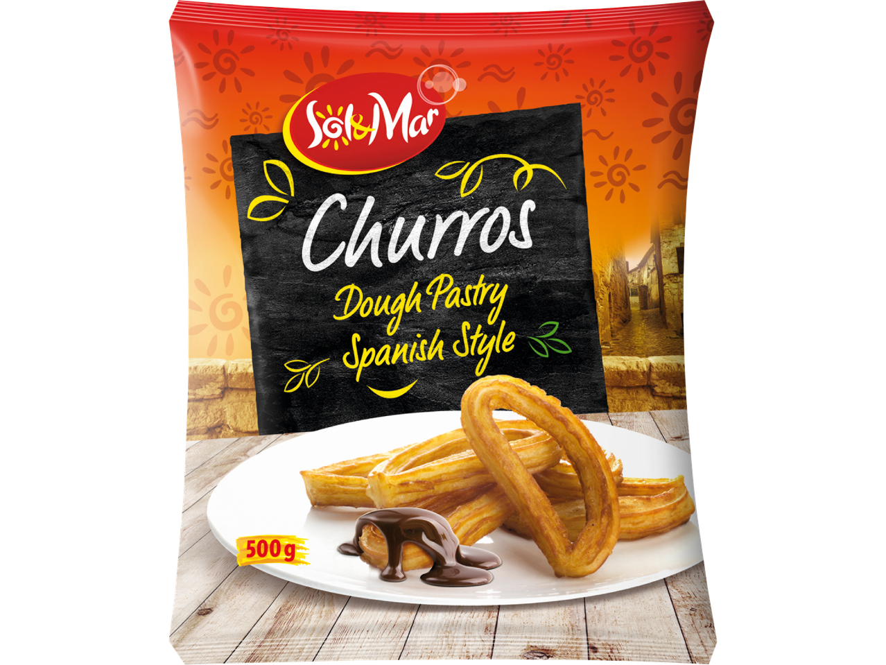 Förpackning med churros, degbakverk i spansk stil, med chokladsås på en tallrik.