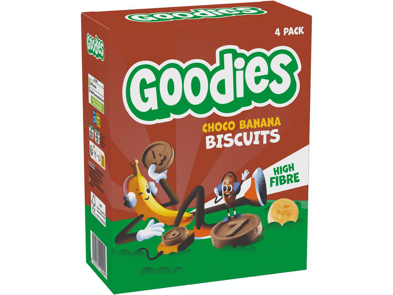 Caixa de biscoitos de chocolate e banana com 4 embalagens, com personagens de fruta.