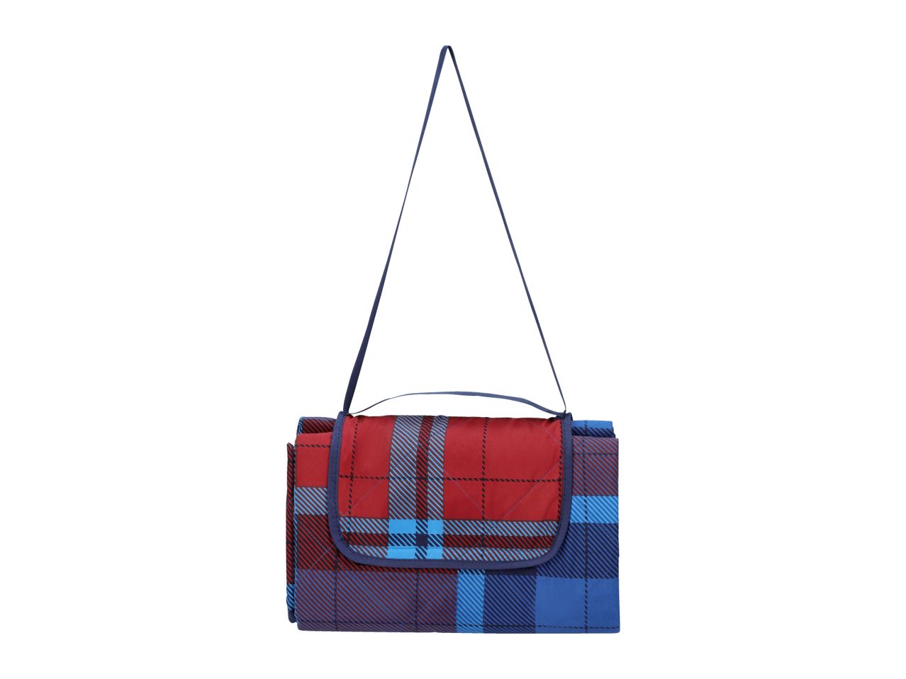 Folded picnic blanket with red and blue plaid pattern and shoulder strap
