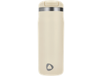 Cream-colored insulated travel mug with a silver band and a gray triangular logo.