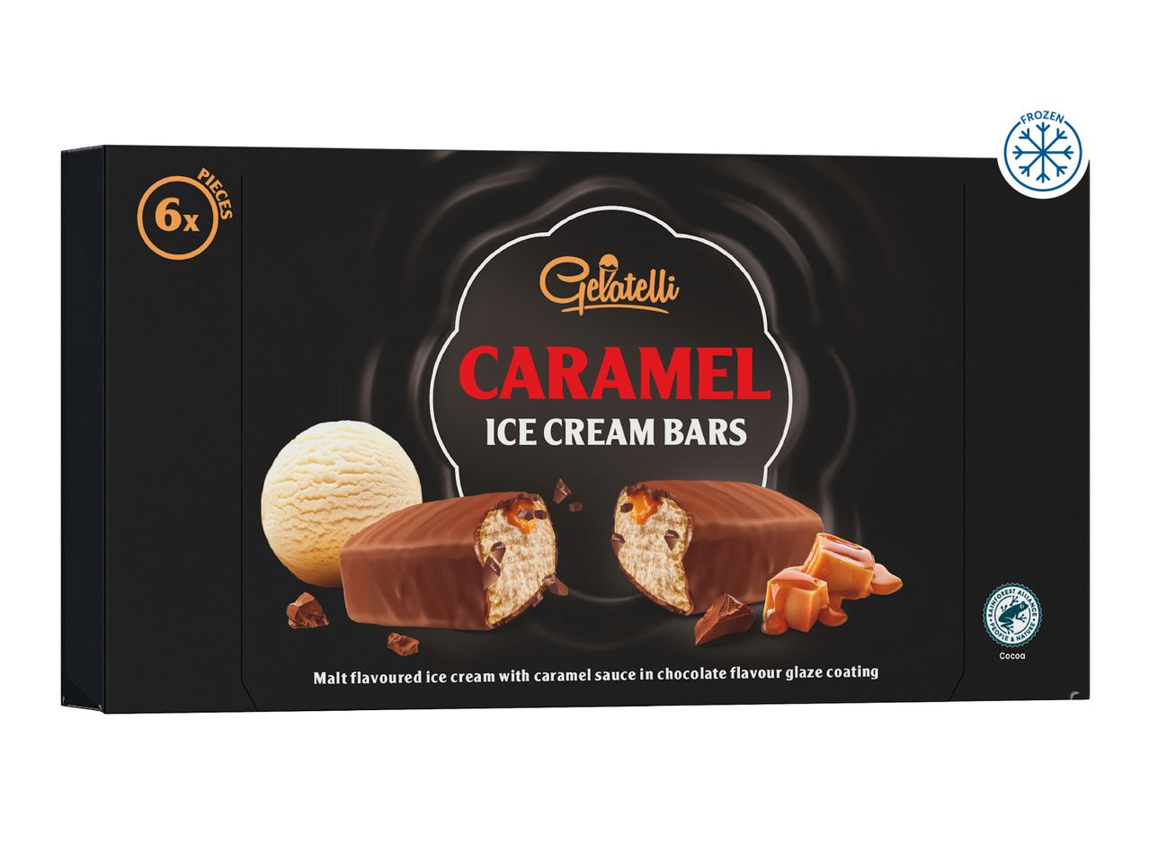 Frozen caramel ice cream bars with malt-flavored ice cream and chocolate glaze, 6 pieces.