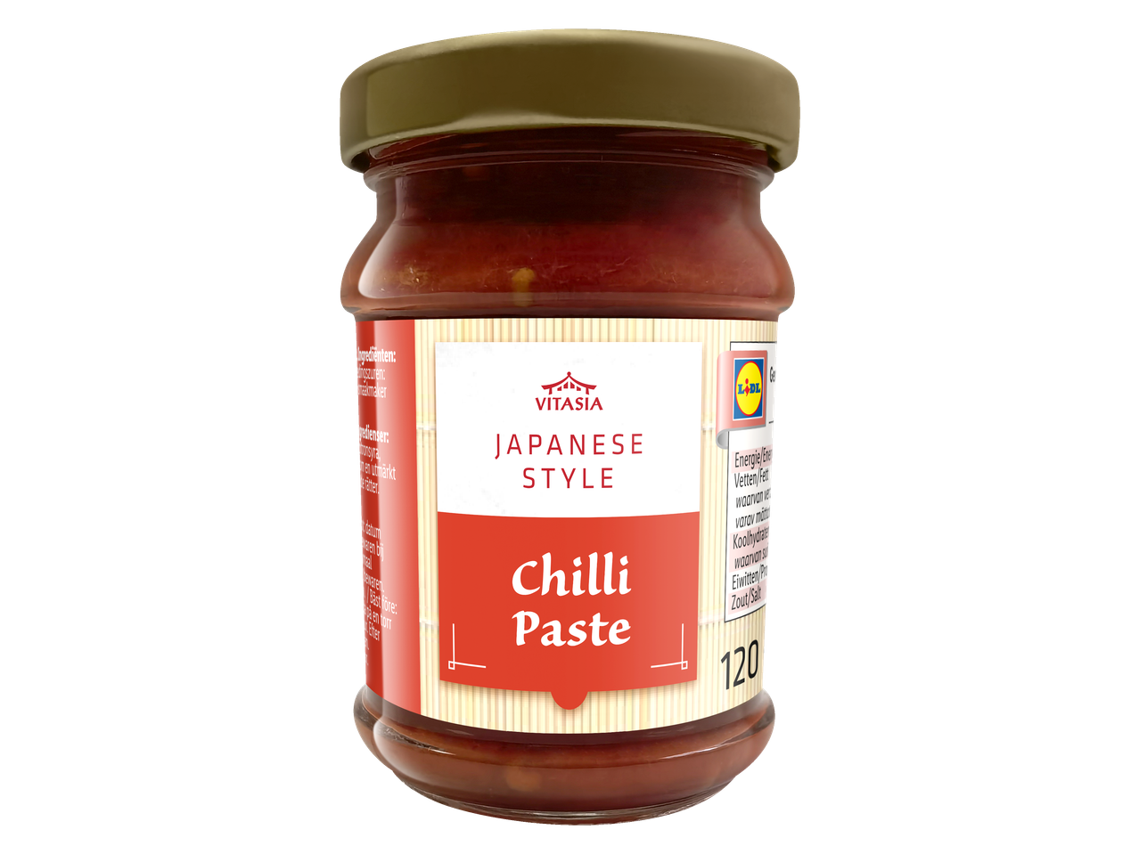 Vitasia Japanse stijl chilipasta in een glazen pot, met een rood etiket.