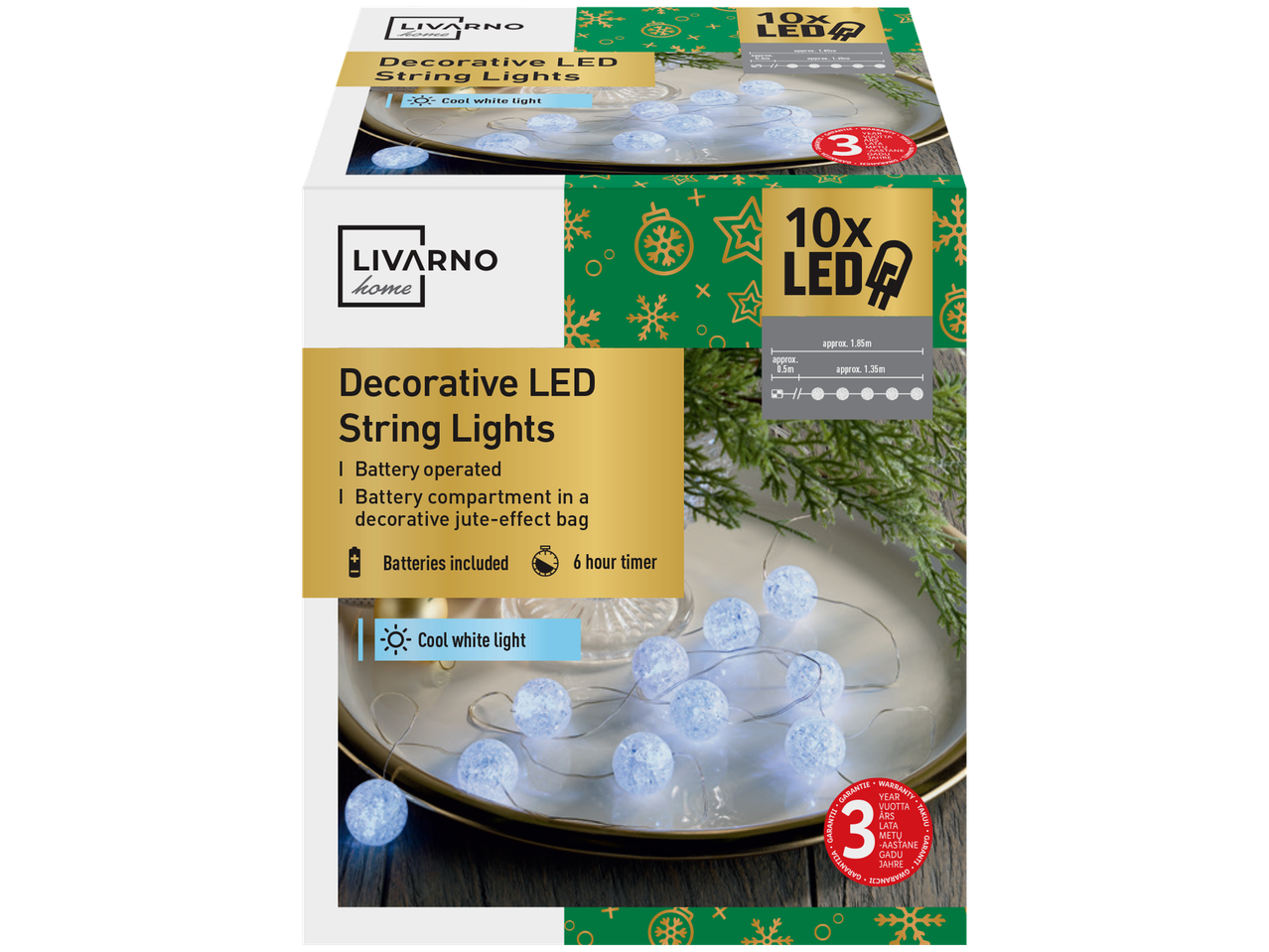 Livarno Home dekoratīvās LED virtenes ar 10 bumbiņām, darbināmas ar baterijām, ar 3 gadu garantiju.