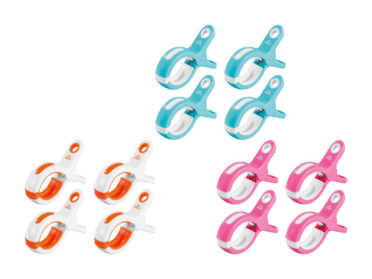 Sæt med 12 tøjklemmer i blå, orange og pink farver.