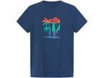 A navy blue t-shirt with a graphic of palm trees, surfboards, and a sunset.