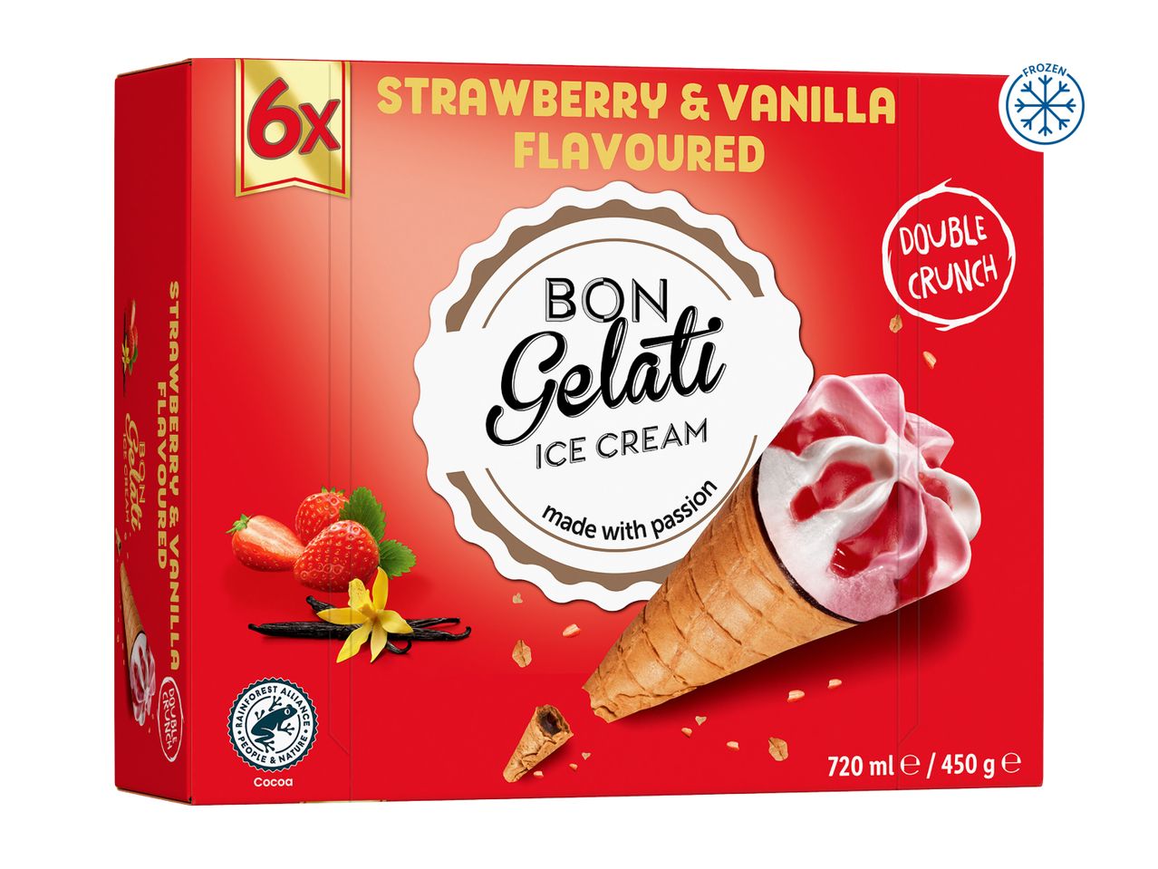 Strawberry & Vanilla ice cream cones with double crunch, 6-pack, 720ml/450g.