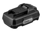 Black and grey power tool battery with a textured surface and a prominent logo.