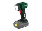 Cordless LED work light with a bright lamp head, red trigger, and a grey battery pack.
