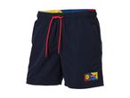 Mørkeblå badeshorts med rød snøre og farverigt logo.