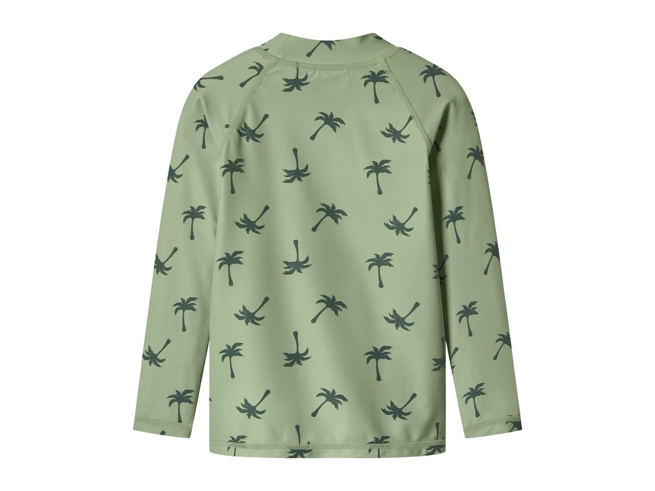 Green long-sleeved rash guard with a dark green palm tree pattern, back view.