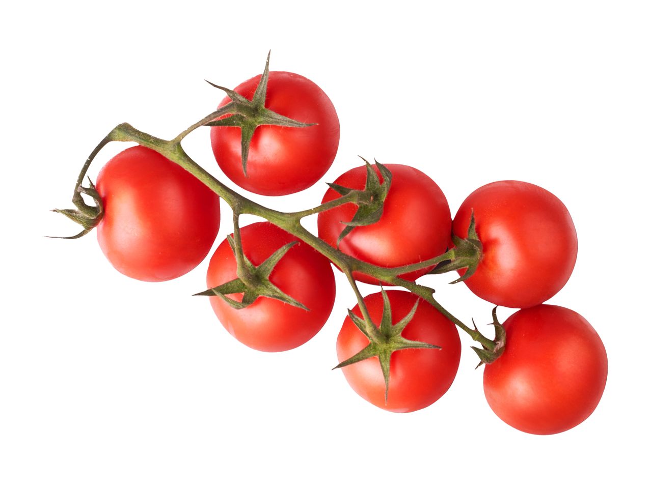 A vine of seven ripe red cherry tomatoes.