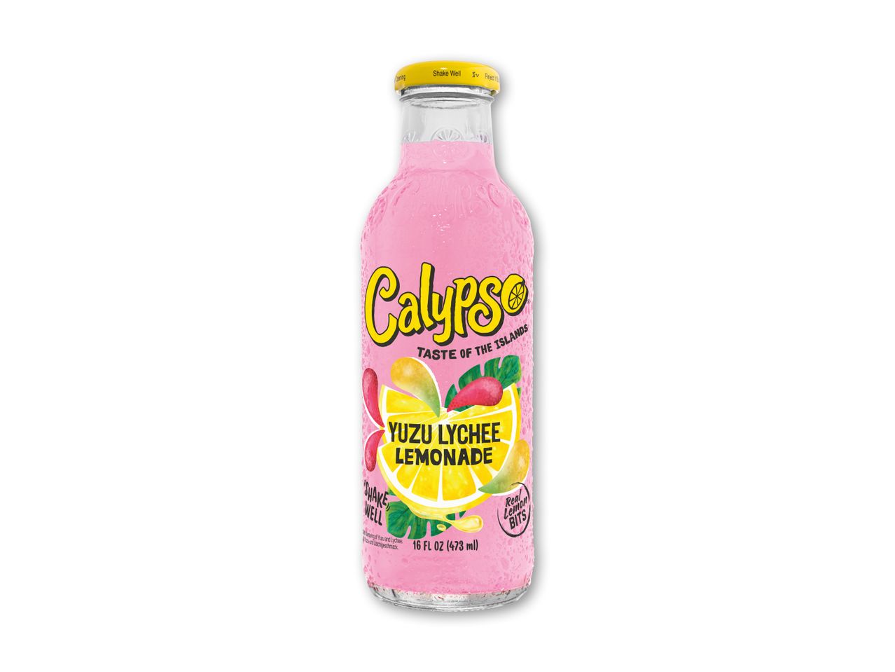 En flaske lyserød yuzu lychee lemonade med frugtillustrationer og teksten 'Shake Well'.