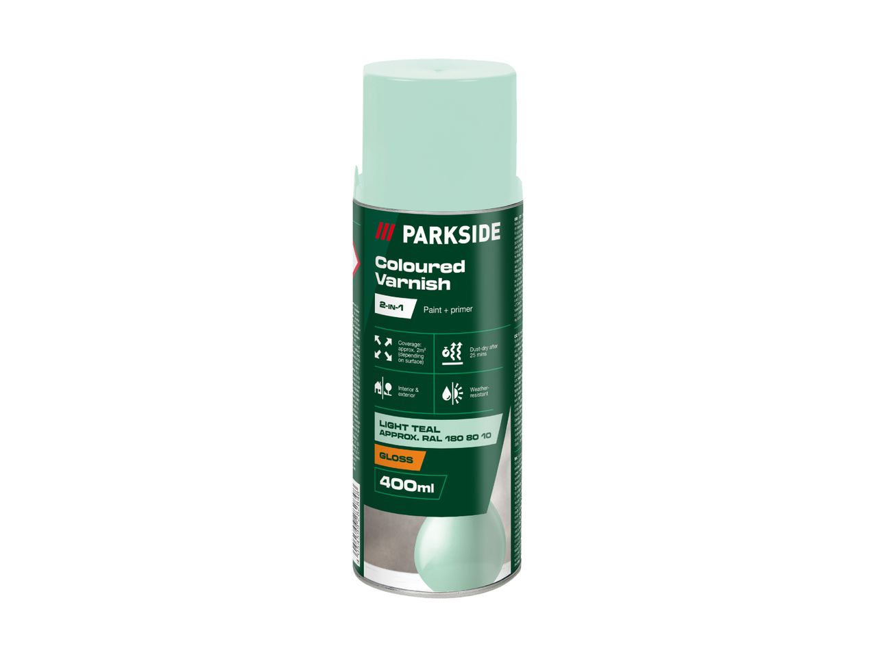 Light teal coloured varnish spray can, 2-in-1 paint and primer, 400ml, gloss finish.