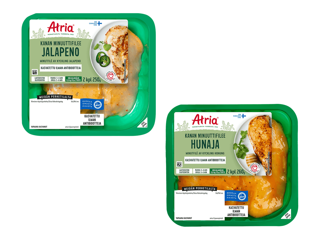 Kaksi pakkausta maustettuja kanaminuuttifileitä, toinen jalapenolla ja toinen hunajalla.