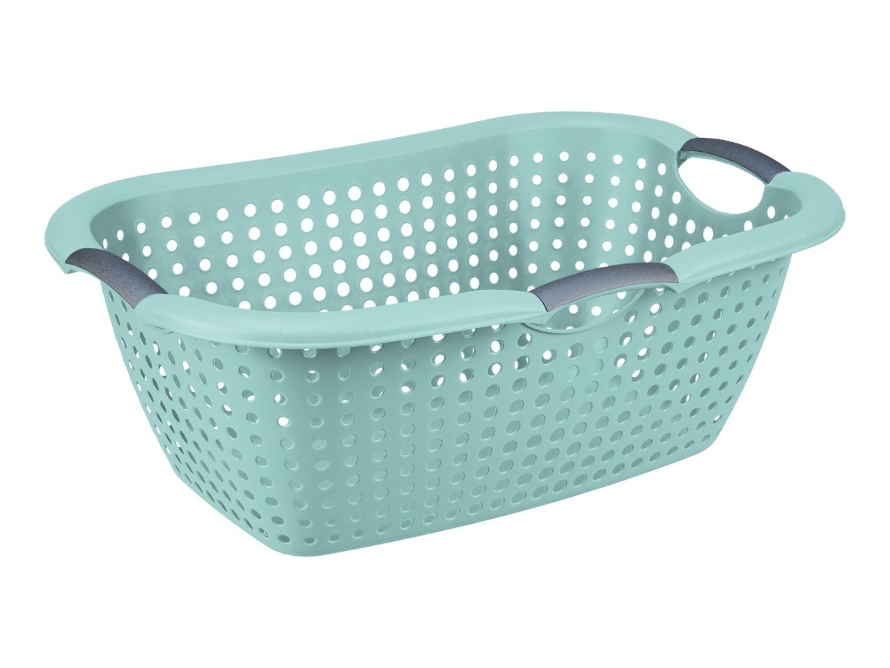 Light blue laundry basket with dark grey handles, featuring a perforated design.