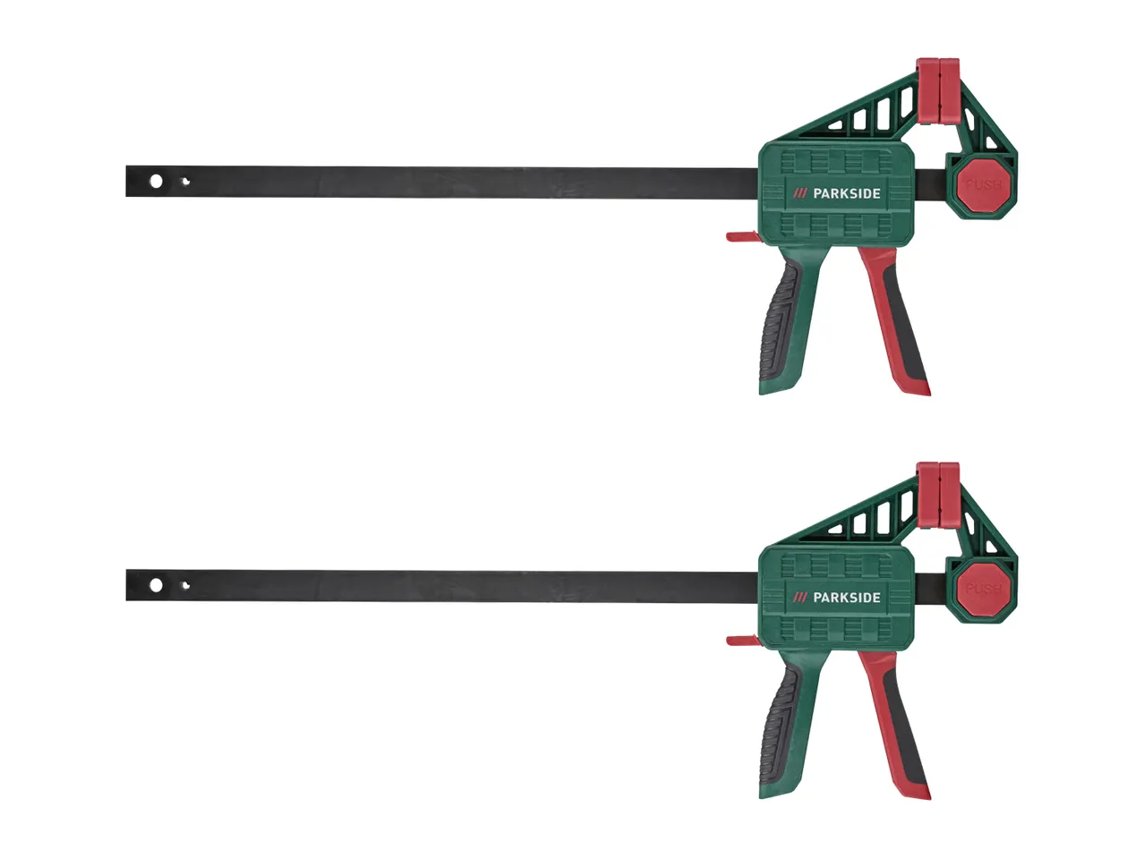 Two green and red bar clamps with black metal bars, shown against a white background.