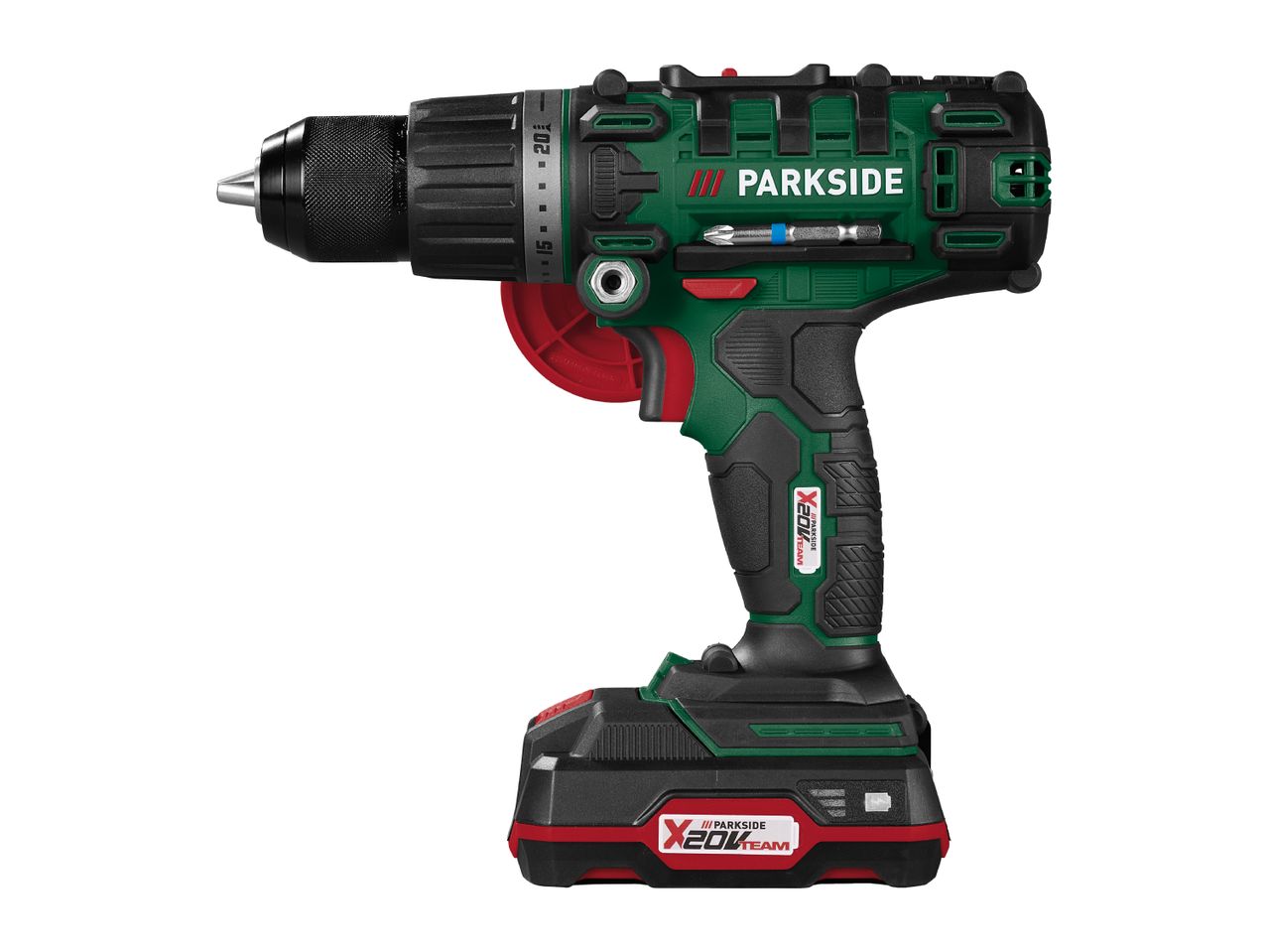 A Parkside X20V Team cordless drill with a keyless chuck and integrated bit holder.
