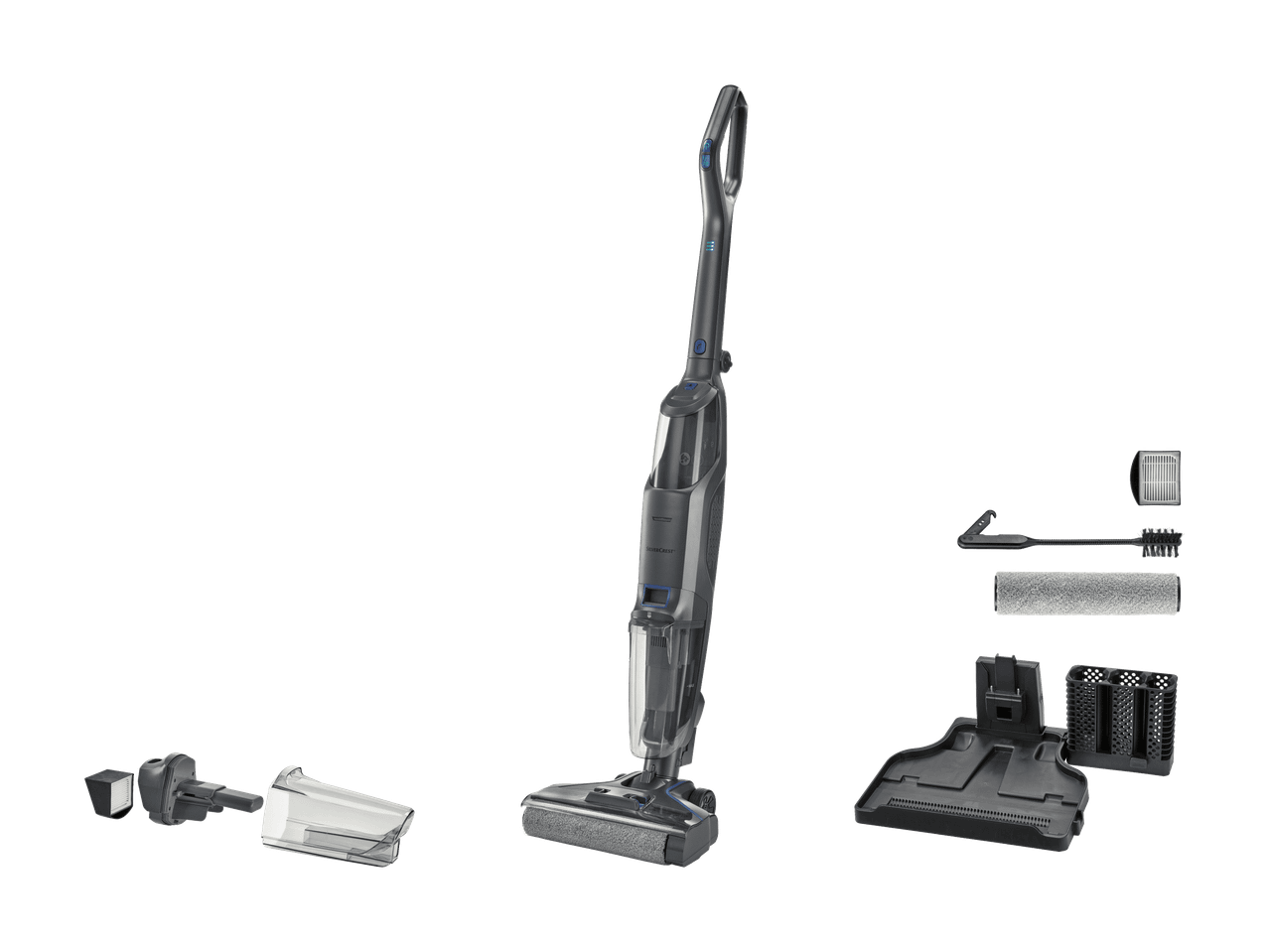 Aspirateur balai sans fil avec accessoires de nettoyage et de chargement.
