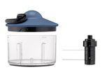 Disassembled manual food chopper with blue lid, clear bowl, and blade attachment