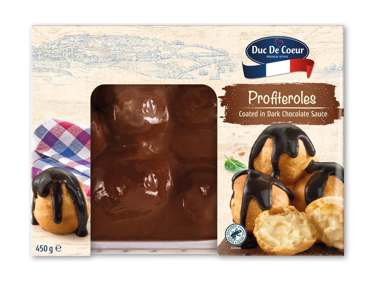 Profiteroles med mørk chokoladesauce i en pakke med fransk tema.