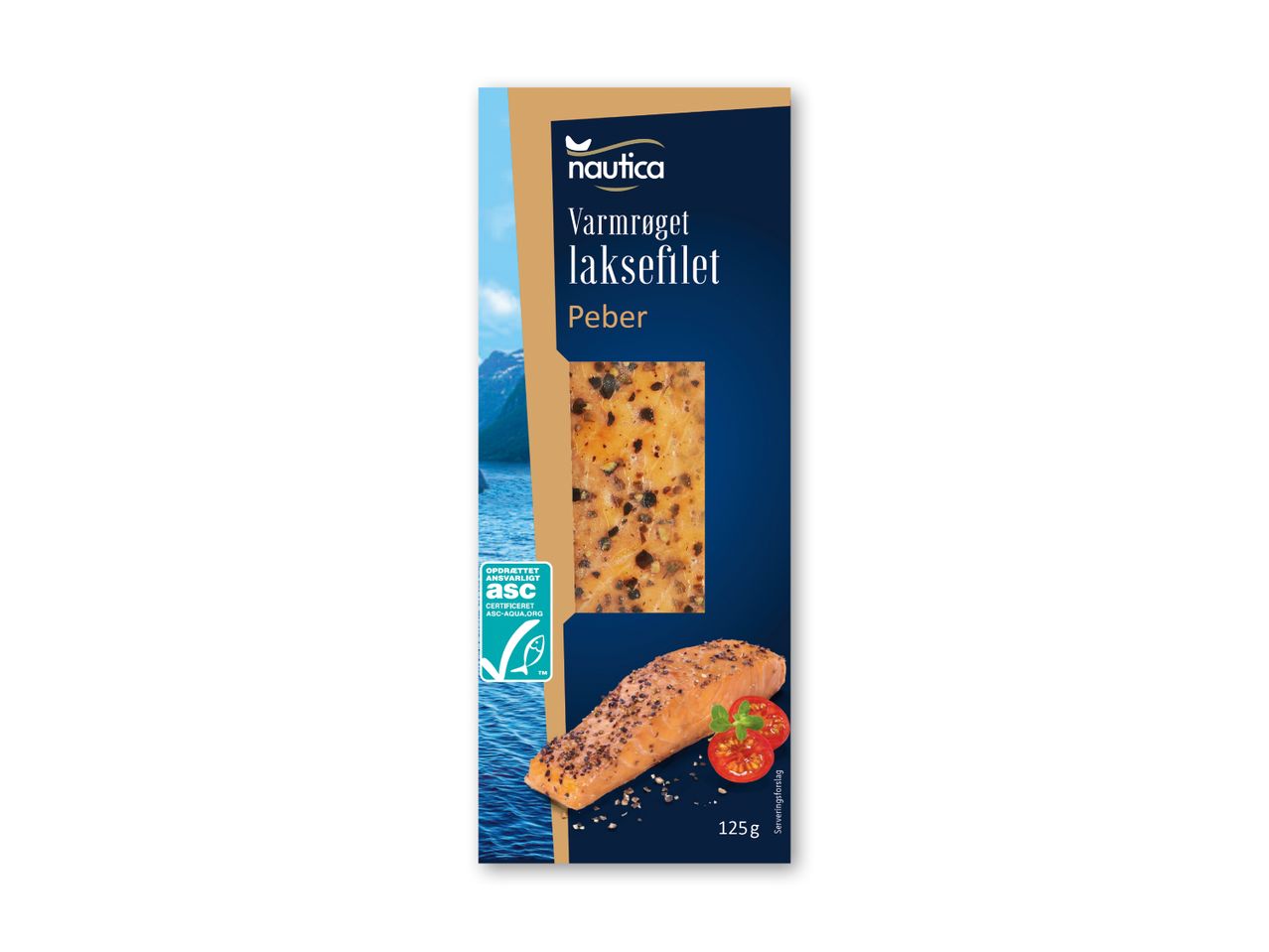 Nautica varmrøget laksefilet med peber, 125g, med ASC-certificering.
