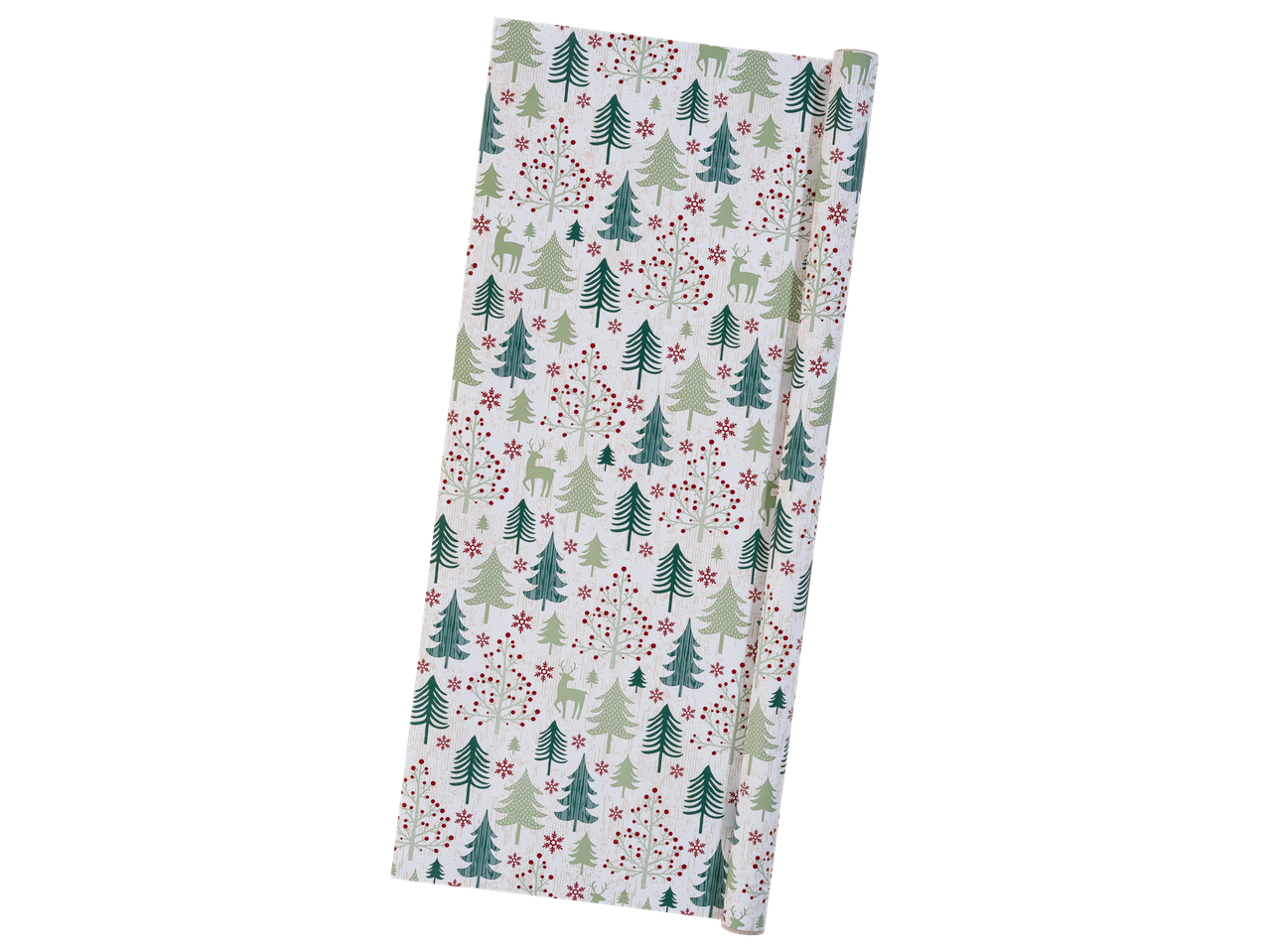 Crelando® dovanų popierius su kalėdiniu motyvu: eglutės, elniai ir snaigės.