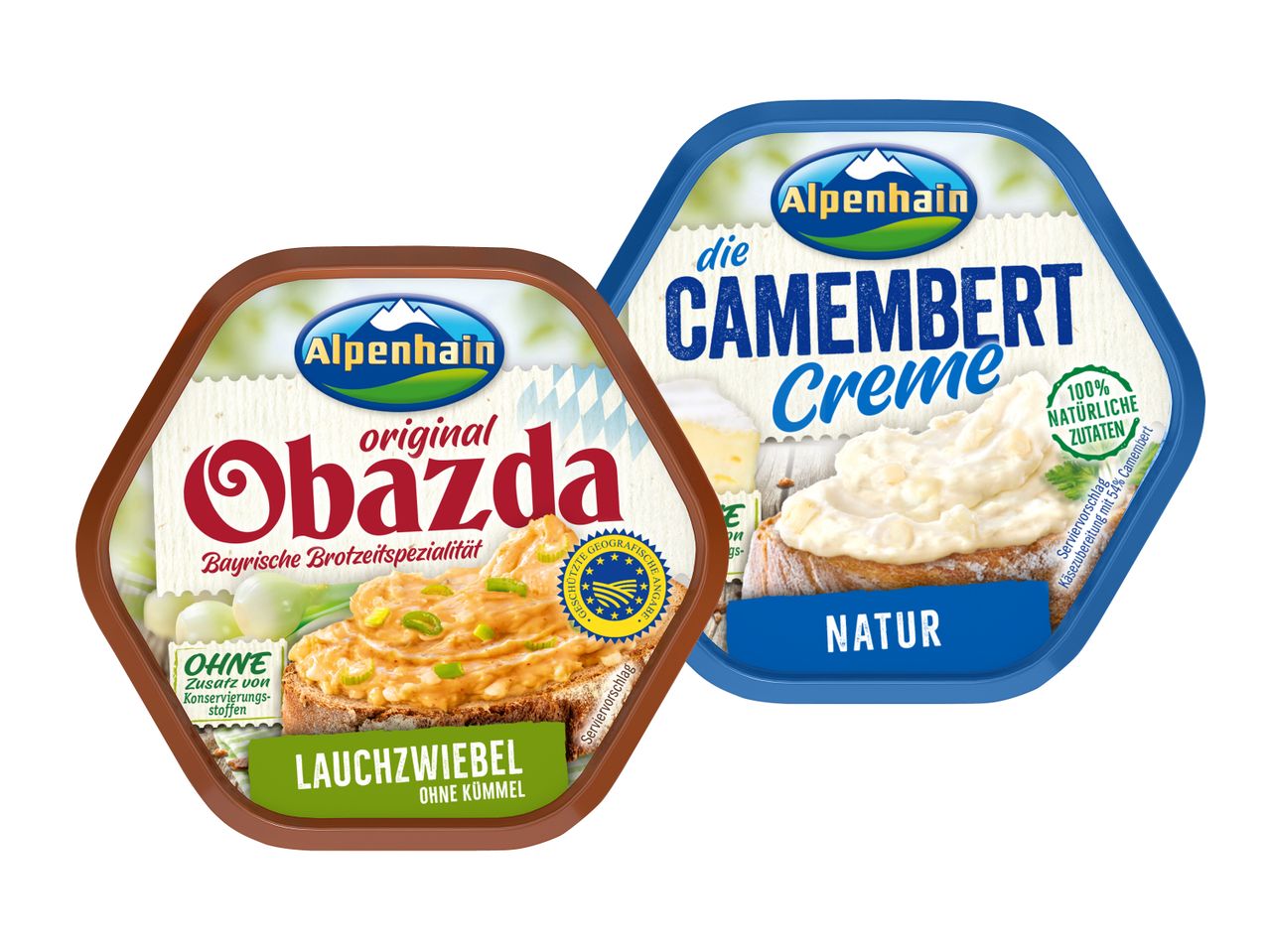 Alpenhain Obazda und Camembert Creme: Zwei leckere Brotaufstriche in praktischen Schalen.