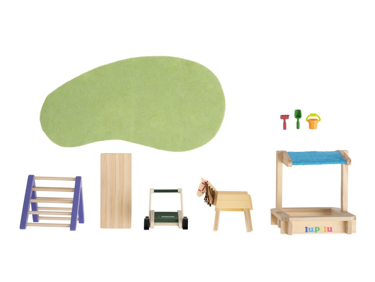 Wooden toy set with a green felt mat, a ladder, a block, a lawnmower, a horse, a sandpit, and sand tools.