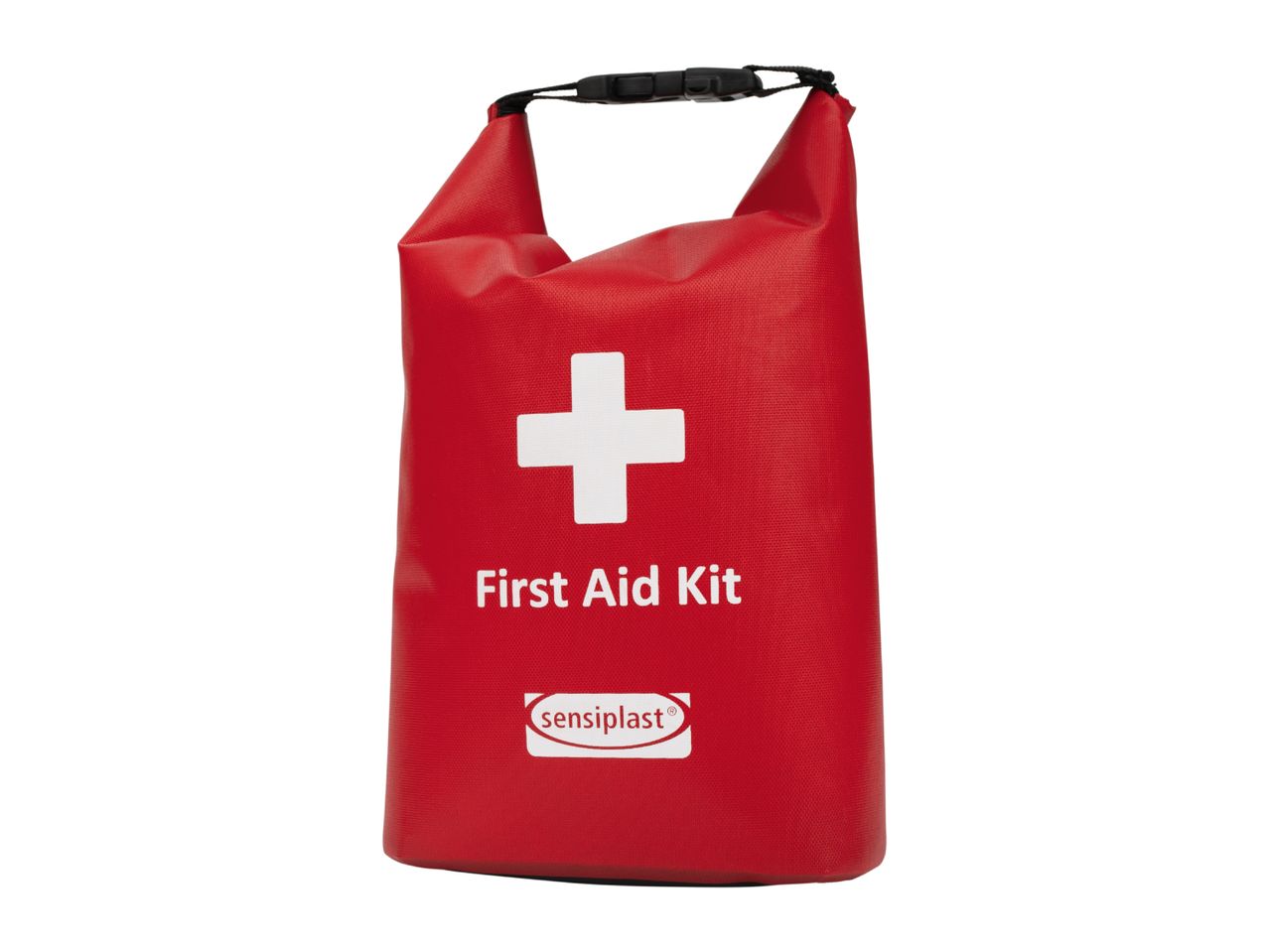Red waterproof first aid kit with a white cross and text 'First Aid Kit'.