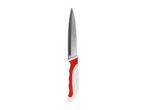 A red and white handled kitchen knife.