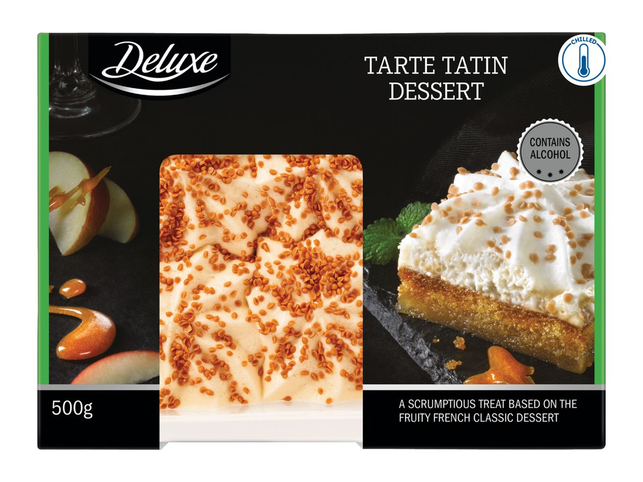 Tarte Tatin dessert with apples and caramel, chilled, contains alcohol, 500g.