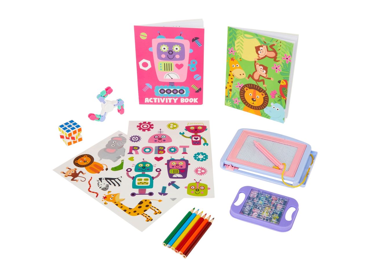 Children's activity set with two books, stickers, a magnetic drawing board, a maze game, a puzzle cube, a fidget toy, and colored pencils.