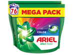 Зелена опаковка с 76 капсули за пране, с надпис „MEGA PACK COLOR“ и „Allin1 PODS“.
