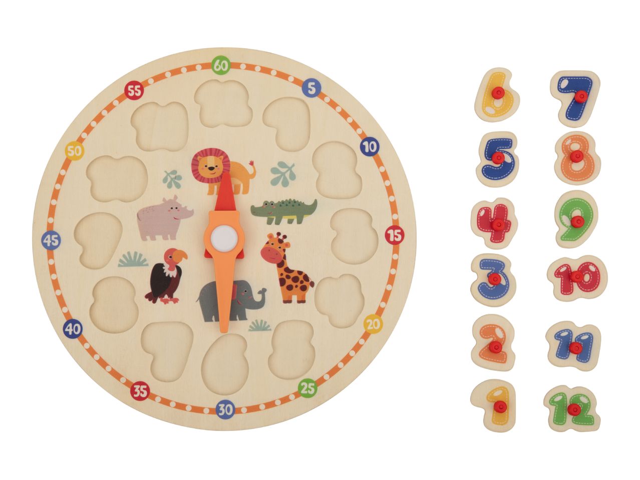 Wooden clock puzzle with animal shapes and number pieces for learning time.